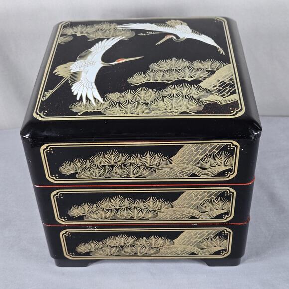 Unbranded Other - Japanese Lacquer Style Jubako Box Set Square 3 Tier Cranes Pine Black Red
